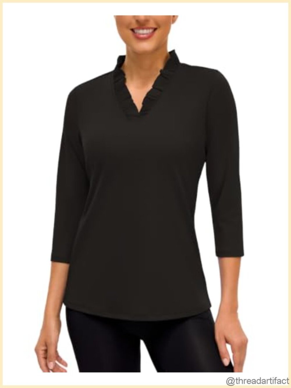 Women's 3/4 Sleeve Golf Polo V-Neck Ruffle Trim UPF 50+ Tennis Shirt